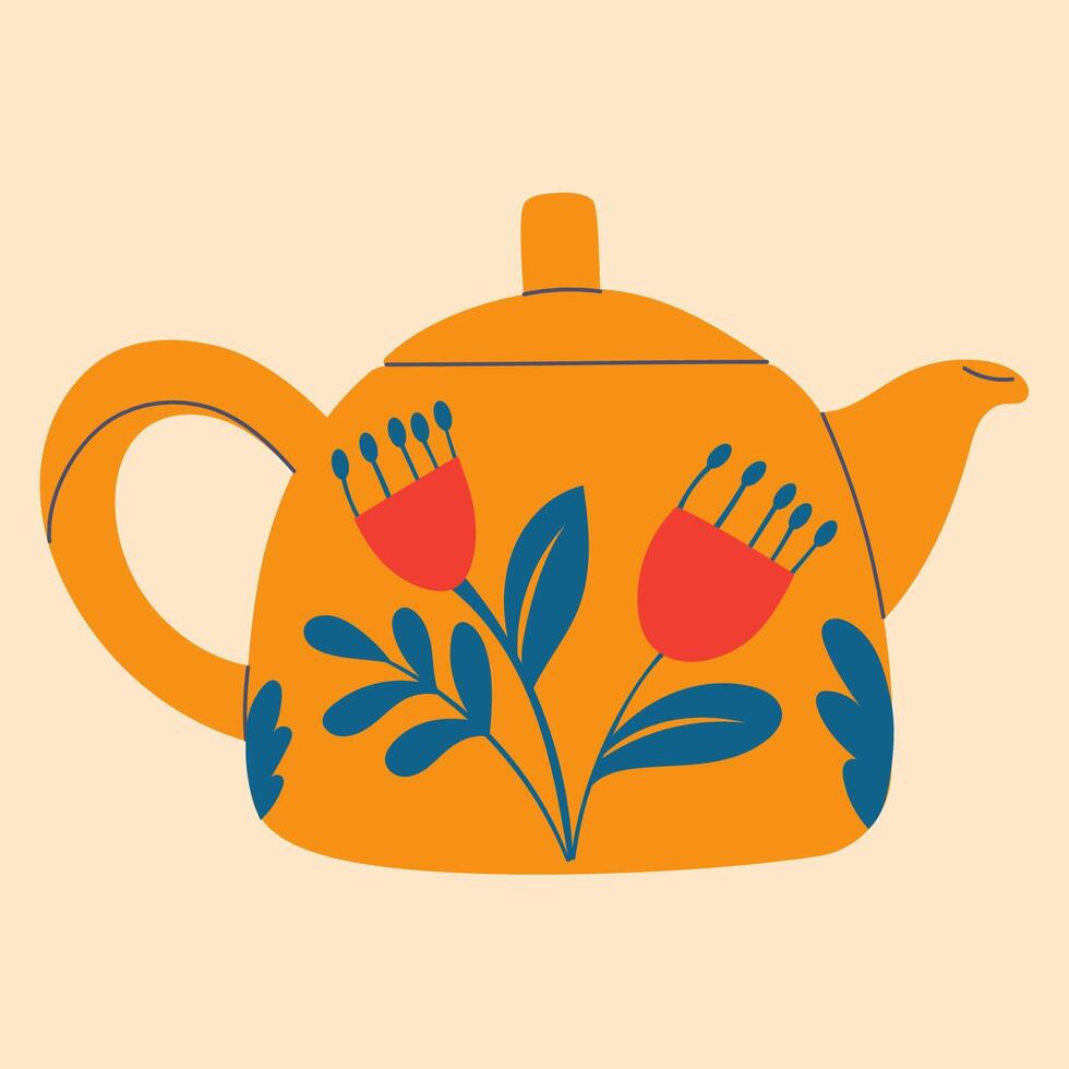 Cute teapot in cartoon doodle flat style. Element for design, posters, fabric patterns, kitchen decor, cafe, dining room, logo vector