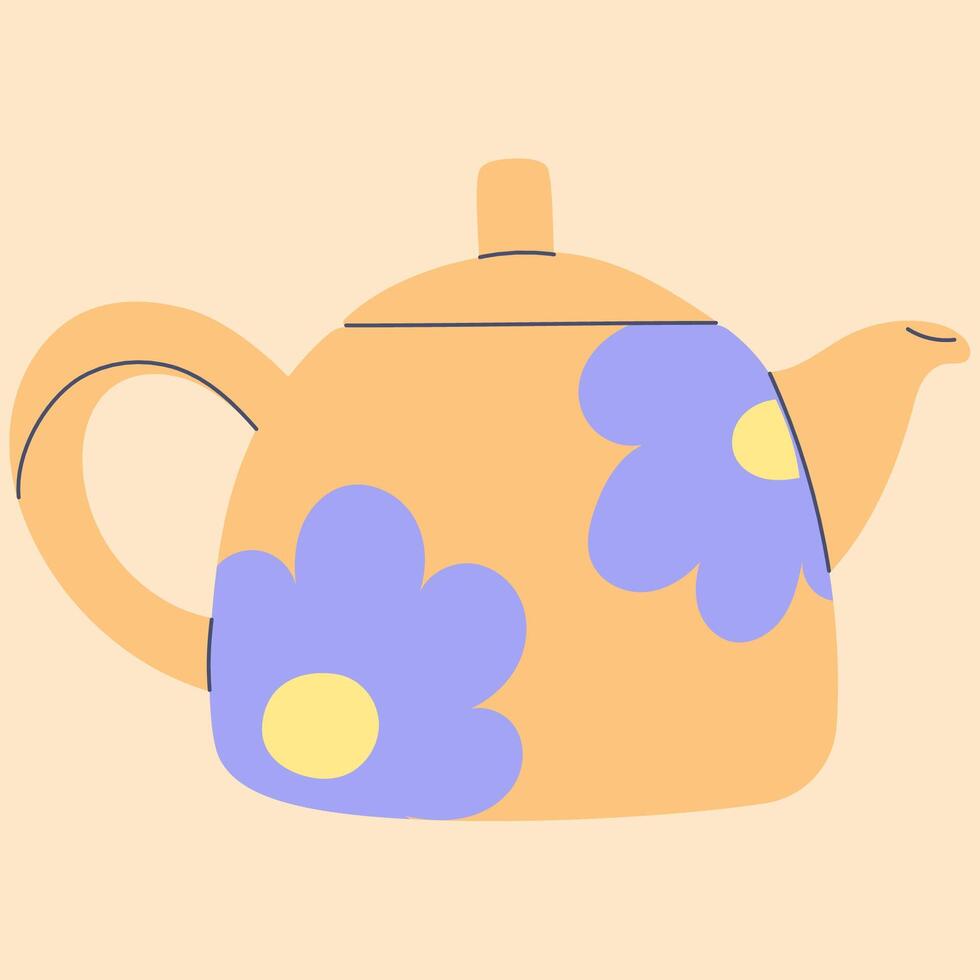 Cute teapot in cartoon doodle flat style. Element for design, posters, fabric patterns, kitchen decor, cafe, dining room, logo vector