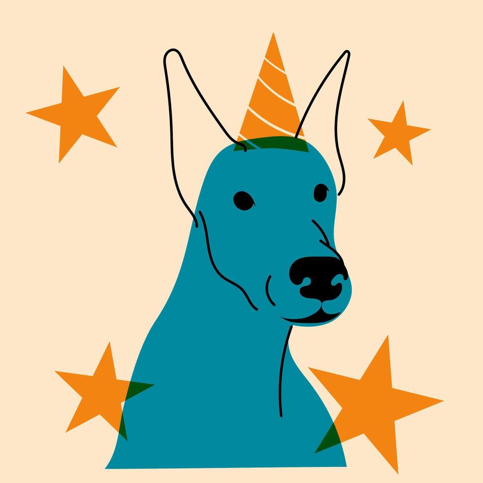 Dog in a birthday hat. Avatar, badge, poster, logo templates, print. illustration in a minimalist style with Riso print effect. Flat cartoon style vector