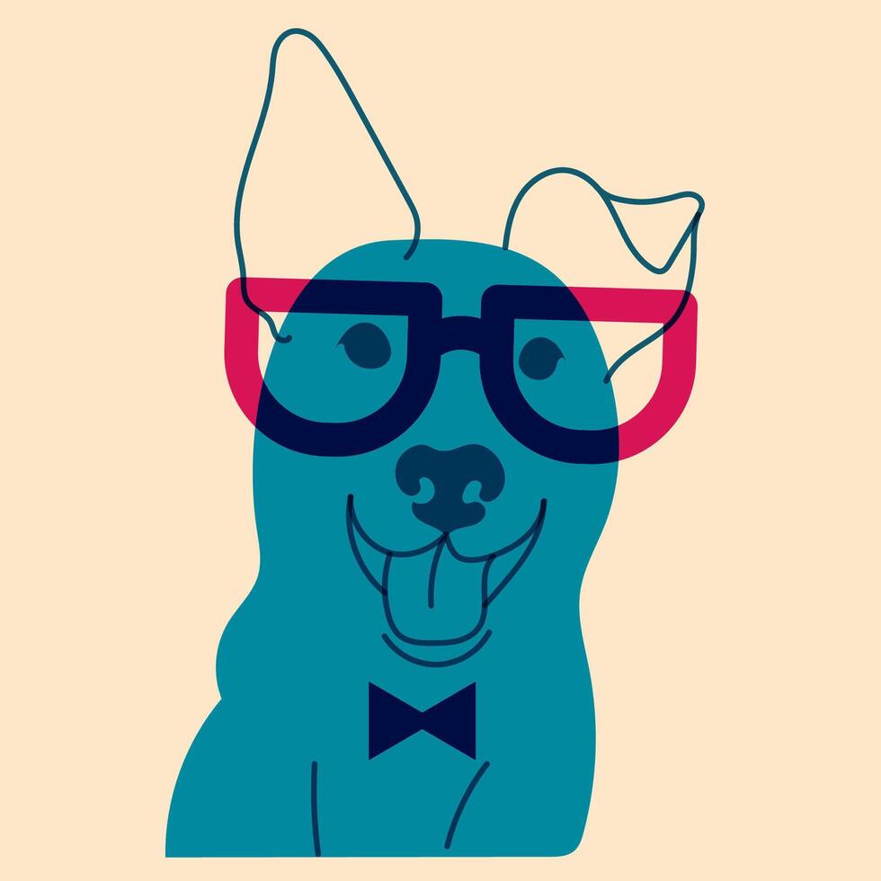Dog, puppy in glasses. Avatar, badge, poster, logo templates, print. illustration in a minimalist style with Riso print effect. Flat cartoon style vector