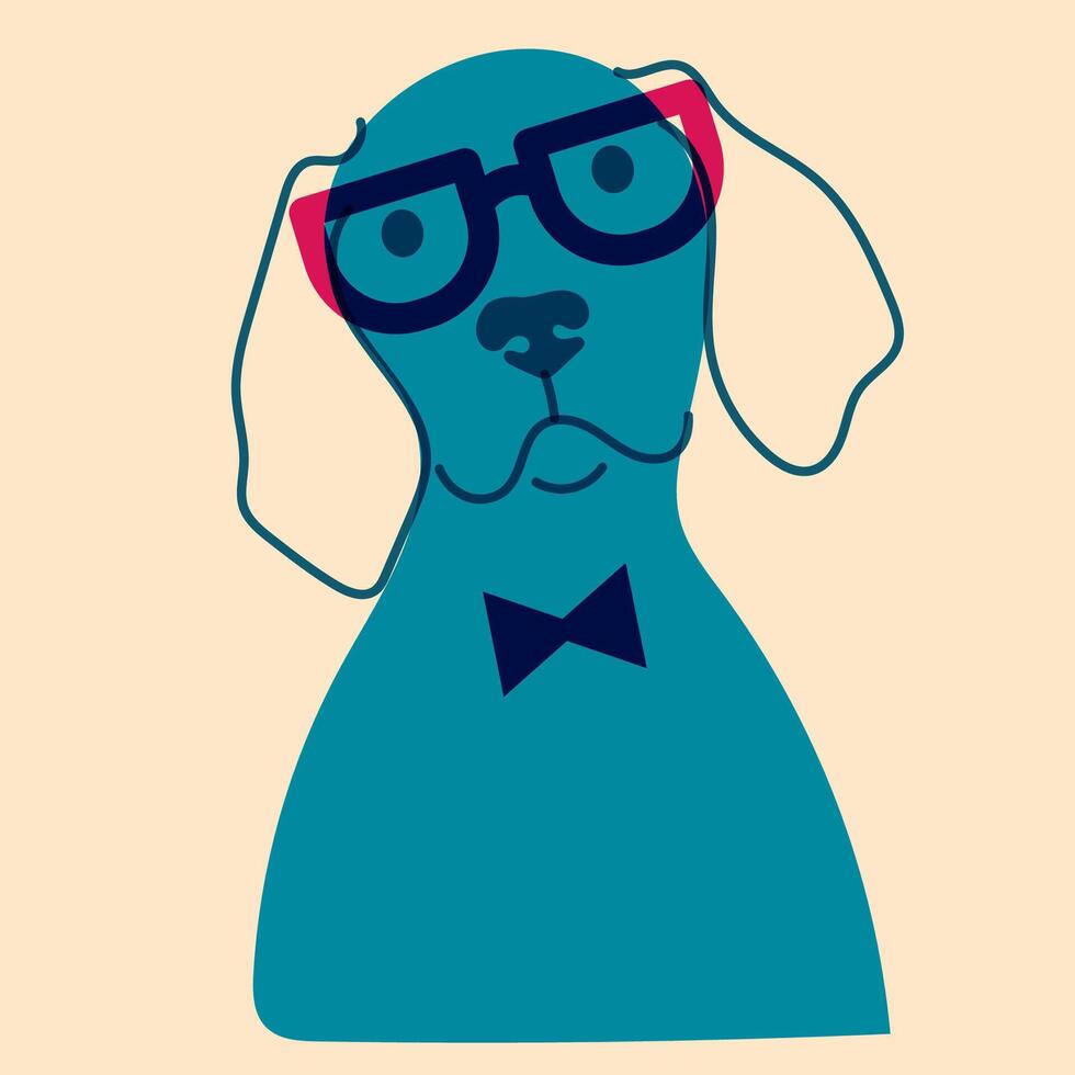 Dog, puppy in glasses. Avatar, badge, poster, logo templates, print. illustration in a minimalist style with Riso print effect. Flat cartoon style vector