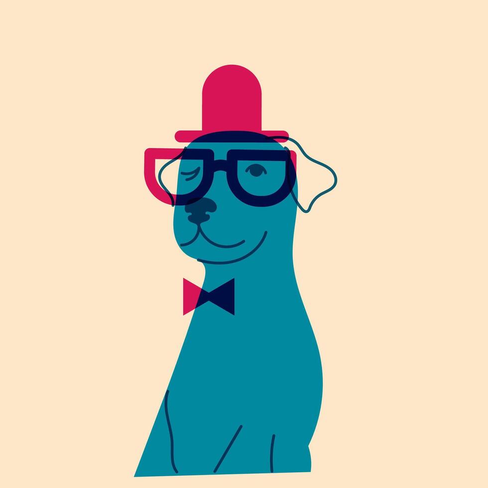 Dog, puppy in glasses. Avatar, badge, poster, logo templates, print. illustration in a minimalist style with Riso print effect. Flat cartoon style vector