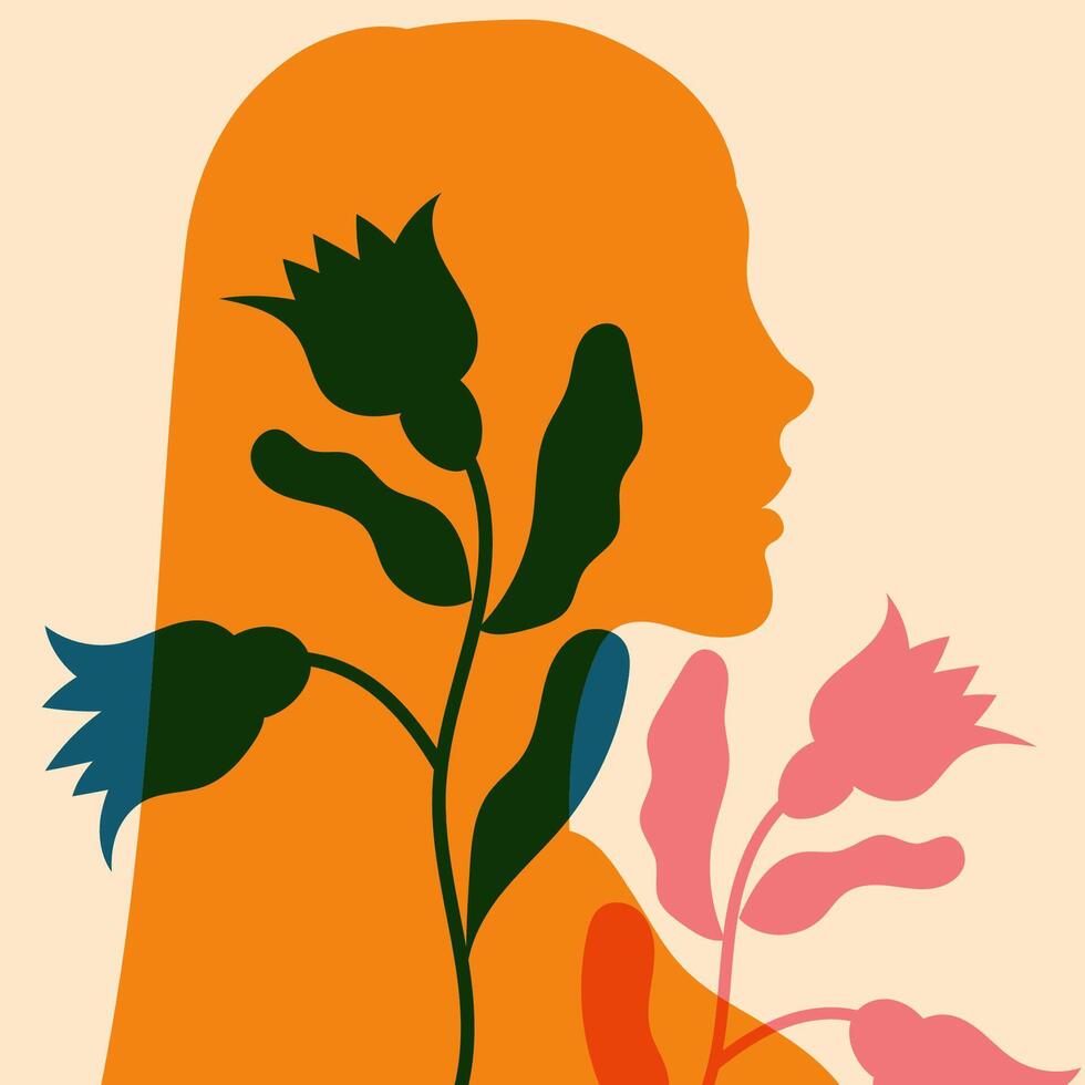 Female silhouette in profile. illustration in a minimalist style with Riso print effect.Print, logo, poster templates, tattoo idea, advertising, fabric print vector