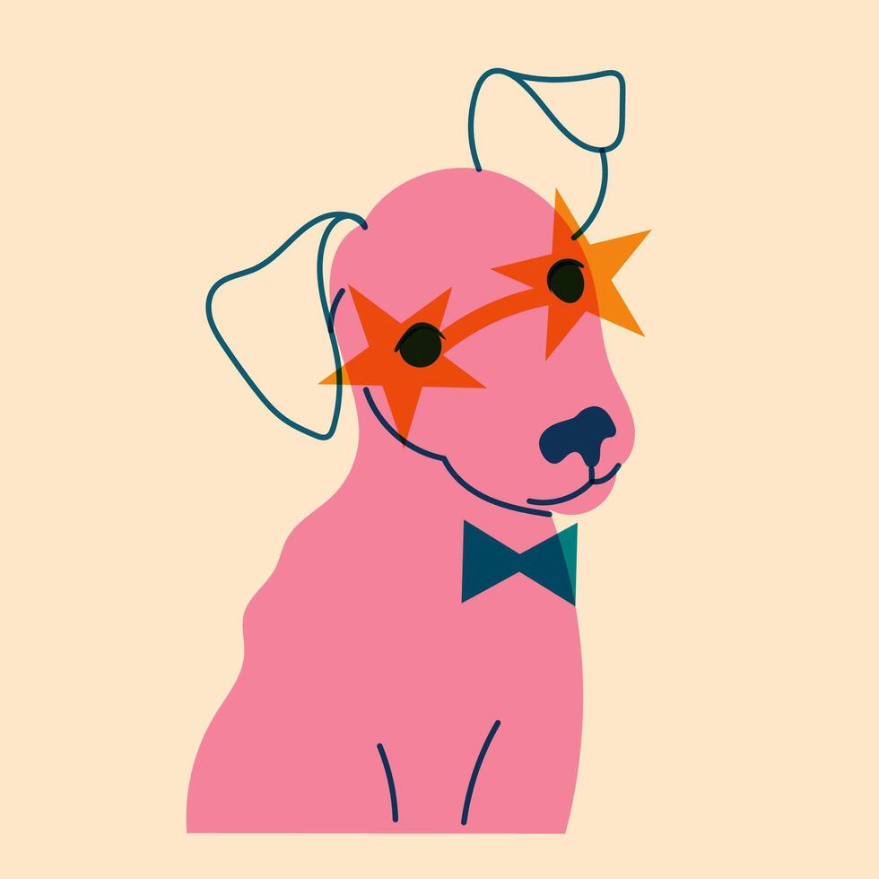 Dog, puppy in glasses. Avatar, badge, poster, logo templates, print. illustration in a minimalist style with Riso print effect. Flat cartoon style vector