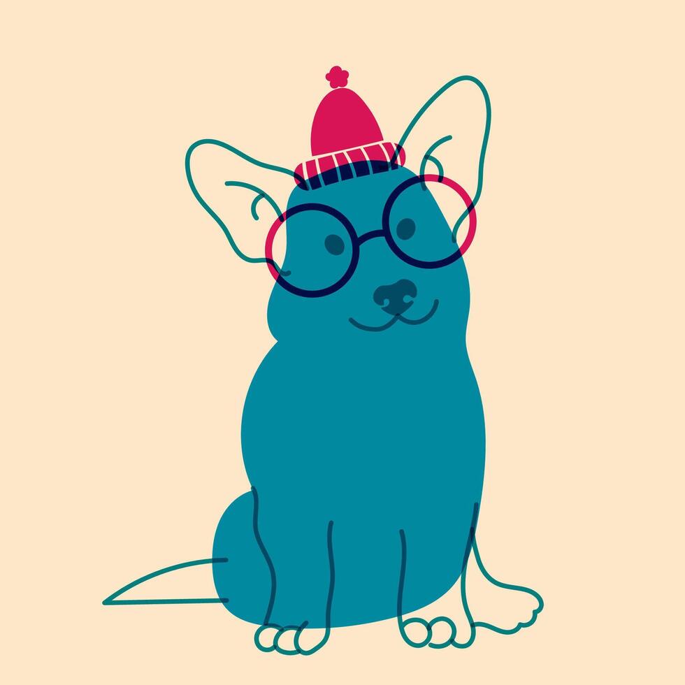 Dog, puppy in glasses. Avatar, badge, poster, logo templates, print. illustration in a minimalist style with Riso print effect. Flat cartoon style vector