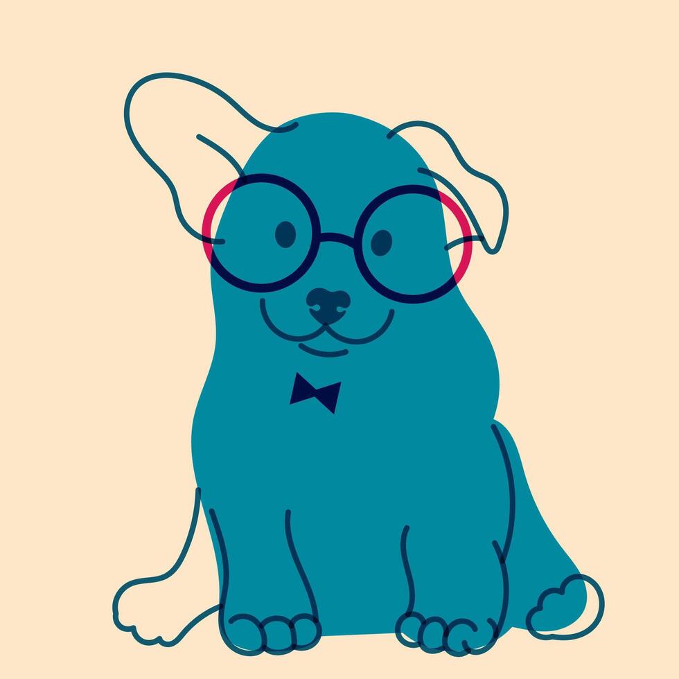 Dog, puppy in glasses. Avatar, badge, poster, logo templates, print. illustration in a minimalist style with Riso print effect. Flat cartoon style vector
