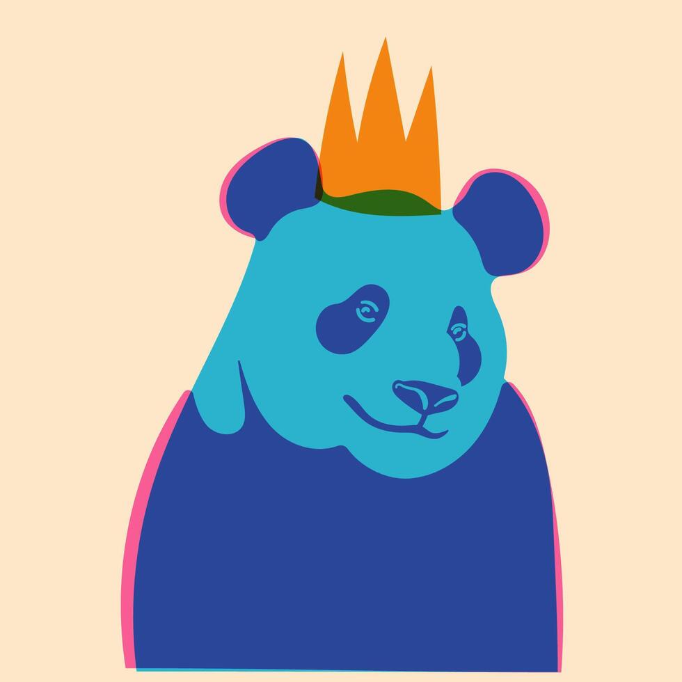Panda in a crown. Avatar, badge, poster, logo templates, print. illustration in a minimalist style with Riso print effect. Flat cartoon style vector