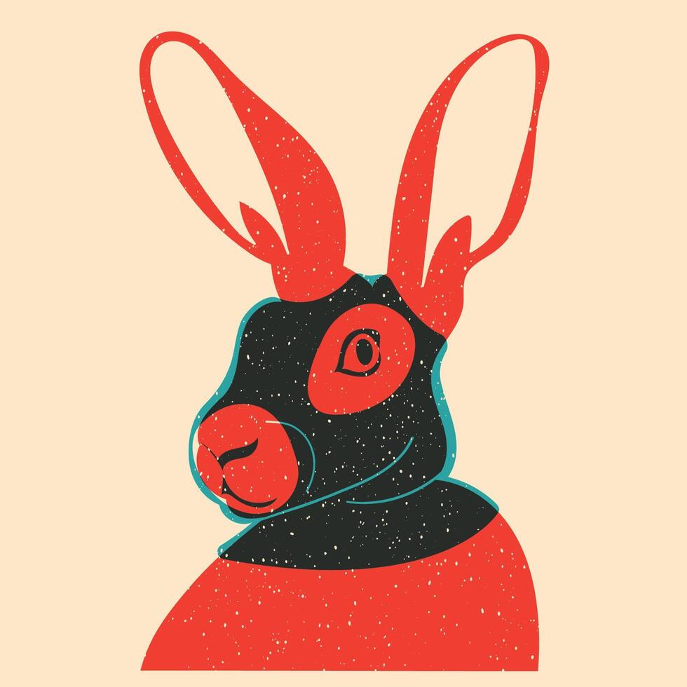 Rabbit in black mask. illustration in a minimalist style with Riso print effect. Graphic element for design, print, sticker, party decoration, logo, emblem, magazine prints or journal article, vector