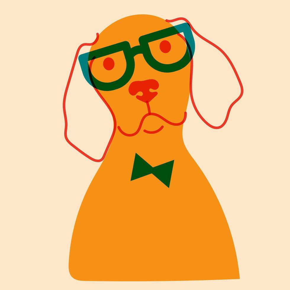 Dog, puppy in glasses. Avatar, badge, poster, logo templates, print. illustration in a minimalist style with Riso print effect. Flat cartoon style vector
