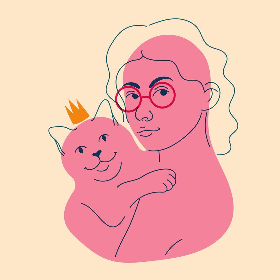 Girl with cat. Avatar, badge, poster, logo templates, print. illustration in doodle style with Riso print effect vector