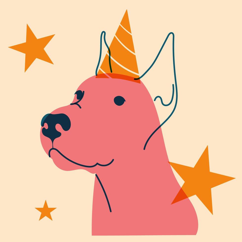 Dog in a birthday hat. Avatar, badge, poster, logo templates, print. illustration in a minimalist style with Riso print effect. Flat cartoon style vector
