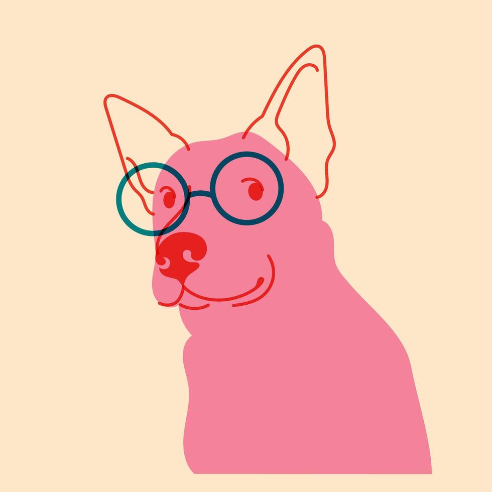 Dog, puppy in glasses. Avatar, badge, poster, logo templates, print. illustration in a minimalist style with Riso print effect. Flat cartoon style vector