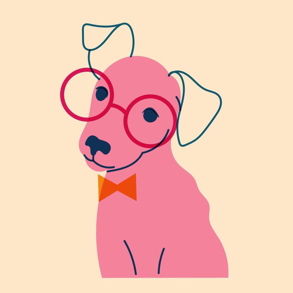 Dog, puppy in glasses. Avatar, badge, poster, logo templates, print. illustration in a minimalist style with Riso print effect. Flat cartoon style vector