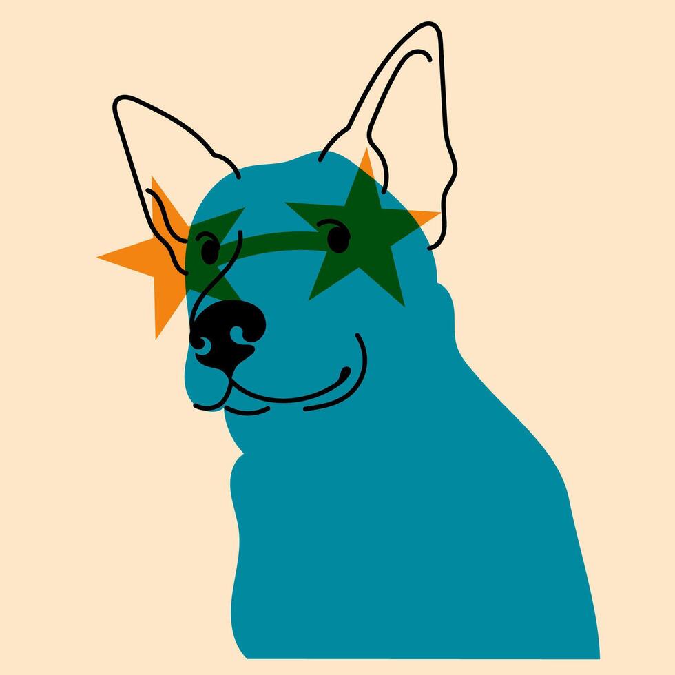 Dog, puppy in glasses. Avatar, badge, poster, logo templates, print. illustration in a minimalist style with Riso print effect. Flat cartoon style vector