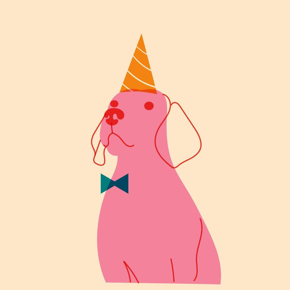 Dog in a birthday hat. Avatar, badge, poster, logo templates, print. illustration in a minimalist style with Riso print effect. Flat cartoon style vector