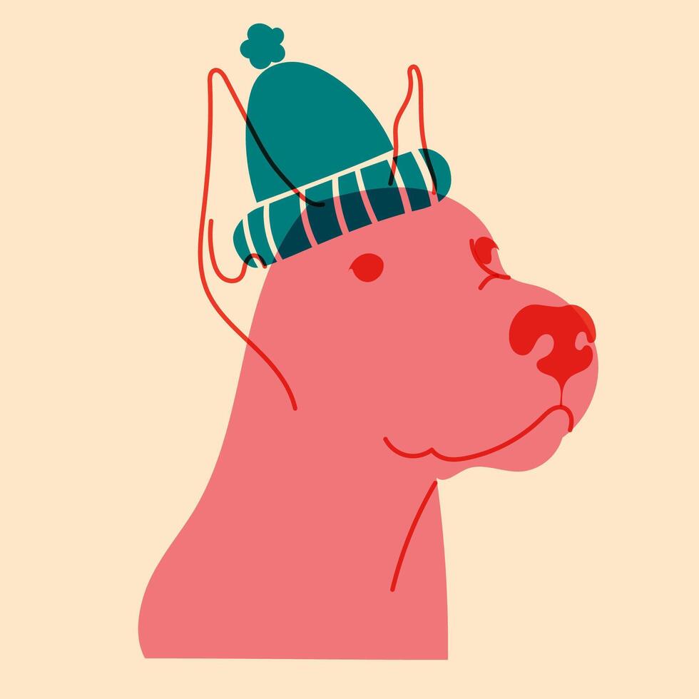 Dog, puppy in cap, hat. Avatar, badge, poster, logo templates, print. illustration in a minimalist style with Riso print effect. Flat cartoon style vector