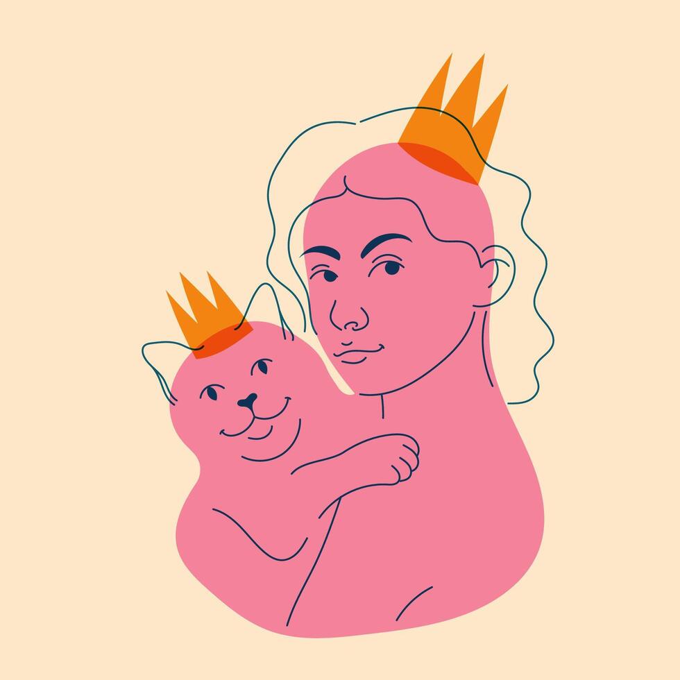 Girl with cat. Avatar, badge, poster, logo templates, print. illustration in doodle style with Riso print effect vector