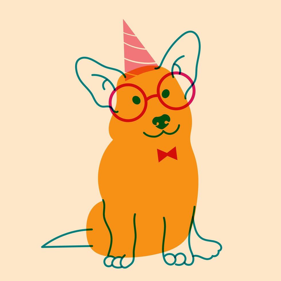Dog, puppy in glasses. Avatar, badge, poster, logo templates, print. illustration in a minimalist style with Riso print effect. Flat cartoon style vector