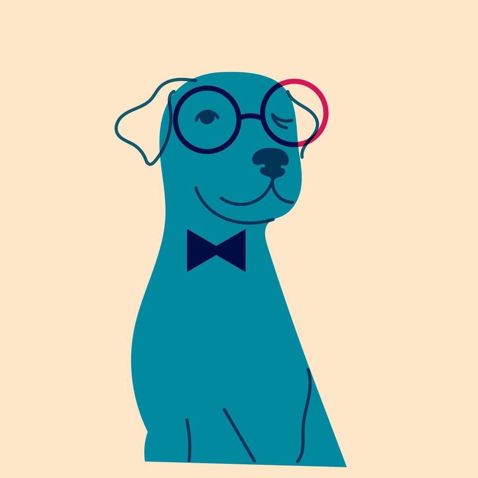 Dog, puppy in glasses. Avatar, badge, poster, logo templates, print. illustration in a minimalist style with Riso print effect. Flat cartoon style vector