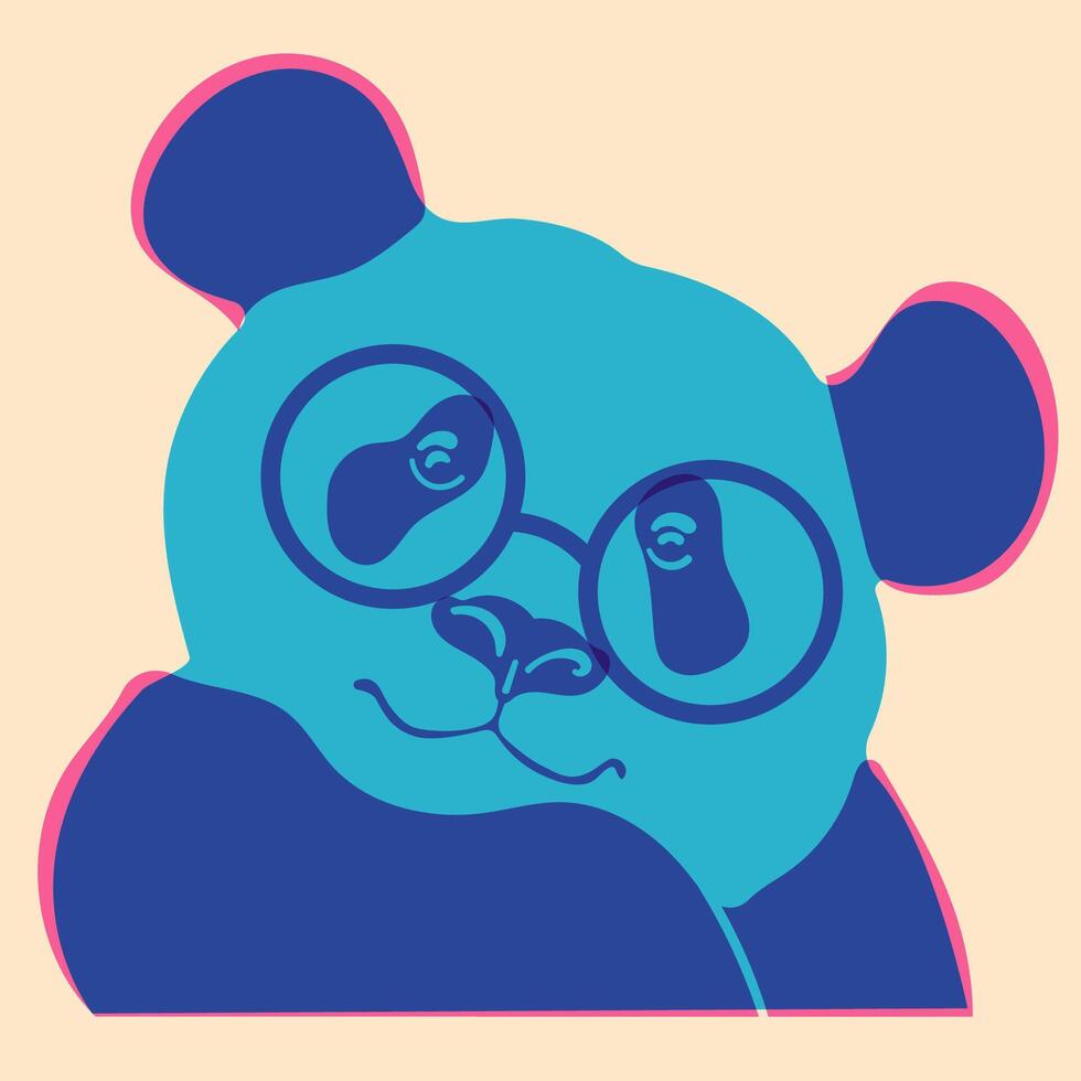 Panda in glasses. Avatar, badge, poster, logo templates, print. illustration in a minimalist style with Riso print effect. Flat cartoon style vector