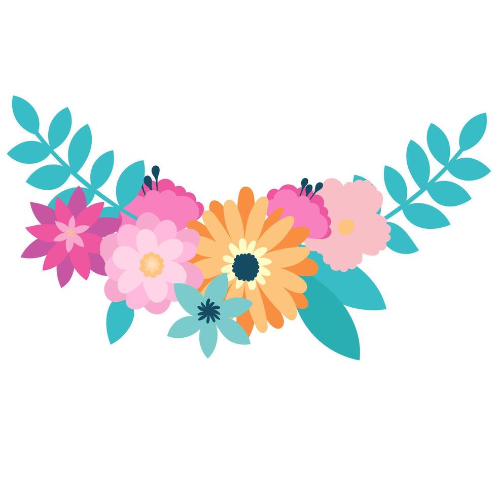 Floral decoration. Botanic arrangements with colorful flowers, leaf, branch. Flower elements for wedding, greeting card or logo composition design. vector