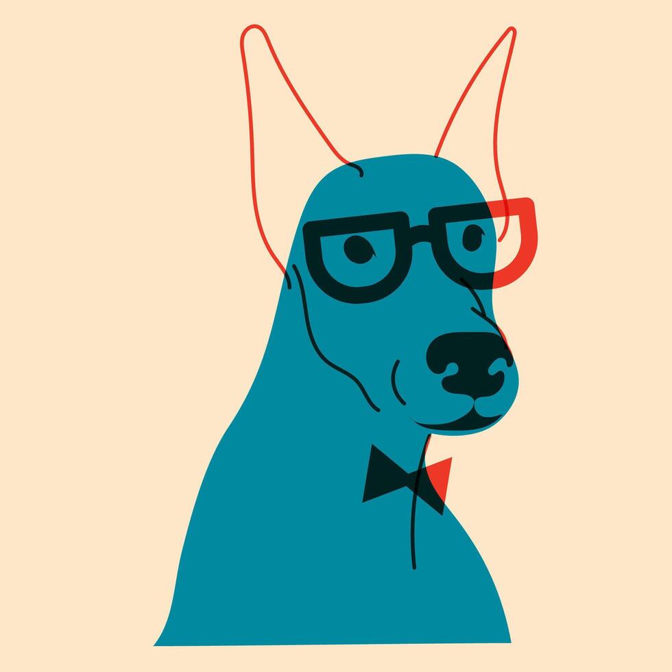 Dog, puppy in glasses. Avatar, badge, poster, logo templates, print. illustration in a minimalist style with Riso print effect. Flat cartoon style vector