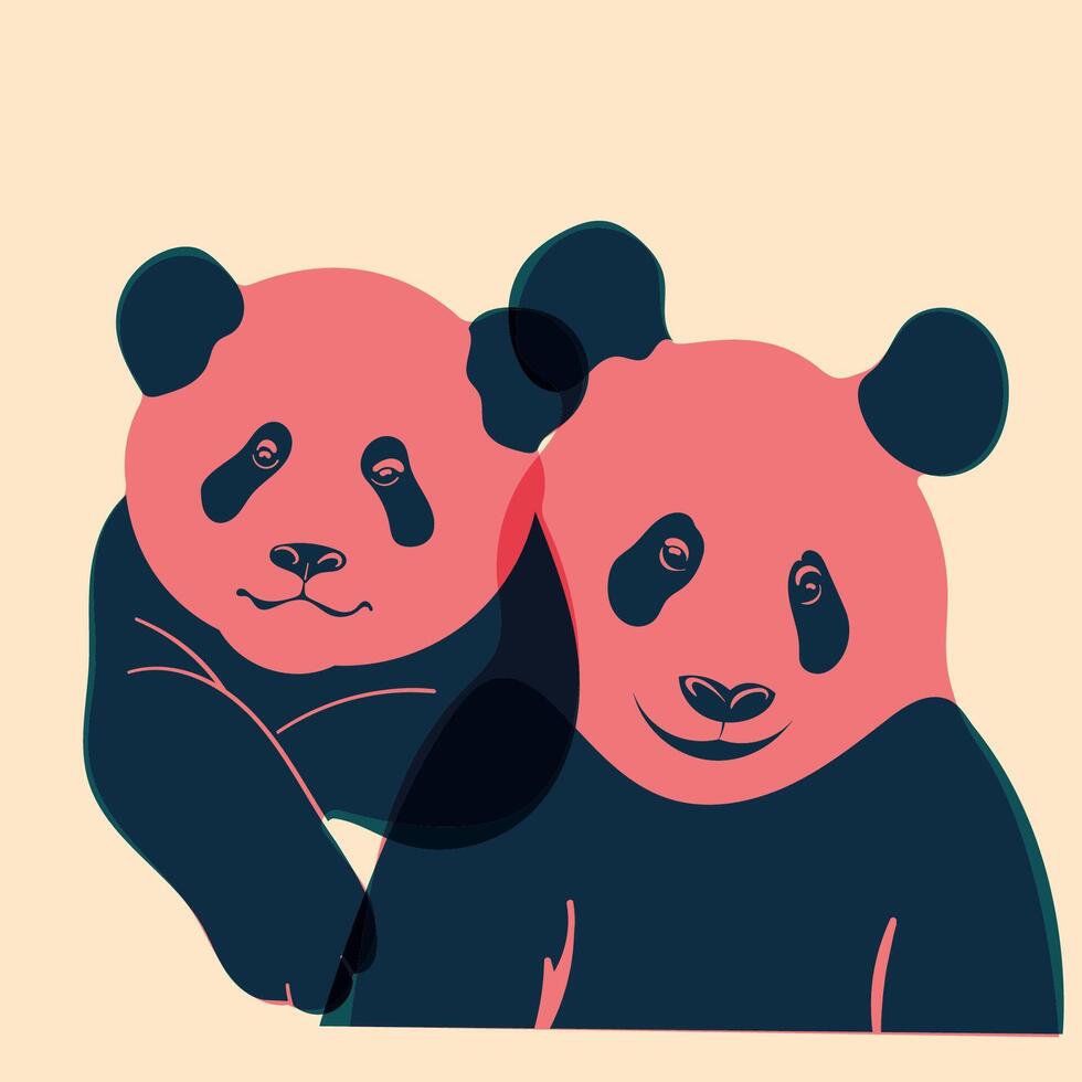 Pandas. Avatar, badge, poster, logo templates, print. Illustration with Riso print effect. Flat style vector