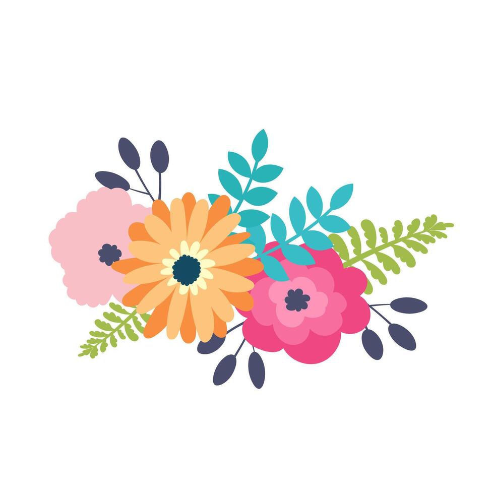 Floral decoration. Botanic arrangements with colorful flowers, leaf, branch. Flower elements for wedding, greeting card or logo composition design. vector