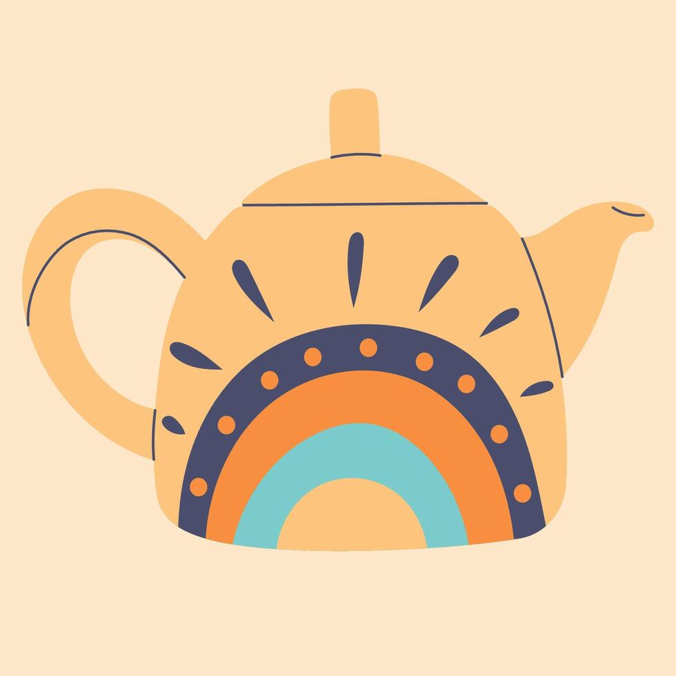 Cute teapot in cartoon doodle flat style. Element for design, posters, fabric patterns, kitchen decor, cafe, dining room, logo vector
