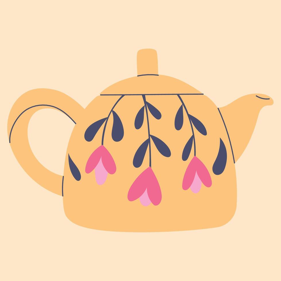 Cute teapot in cartoon doodle flat style. Element for design, posters, fabric patterns, kitchen decor, cafe, dining room, logo vector