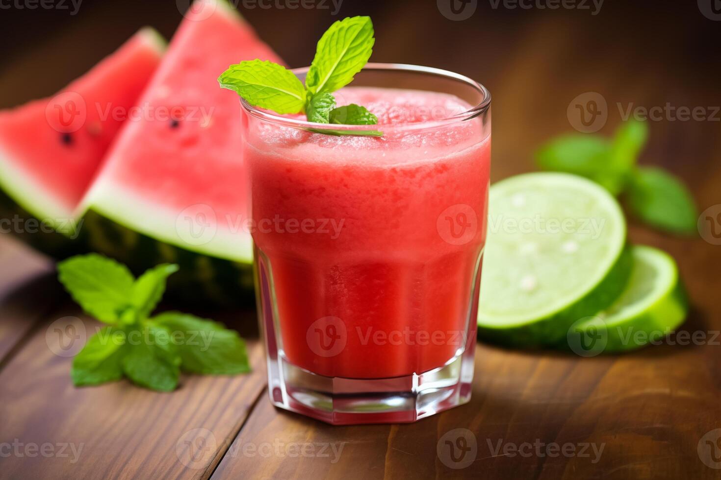 A chilled watermelon juice with a slice of watermelon and mint garnish, perfect for a hot summer day photo