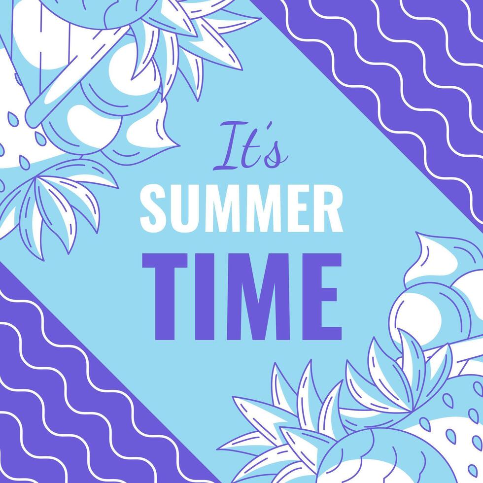Summer beach square card, minimalist design with bright monochrome pineapple, ice cream, strawberry. Geometric shapes, wavy lines. For postcard, social media, poster, banner, post, invitation vector