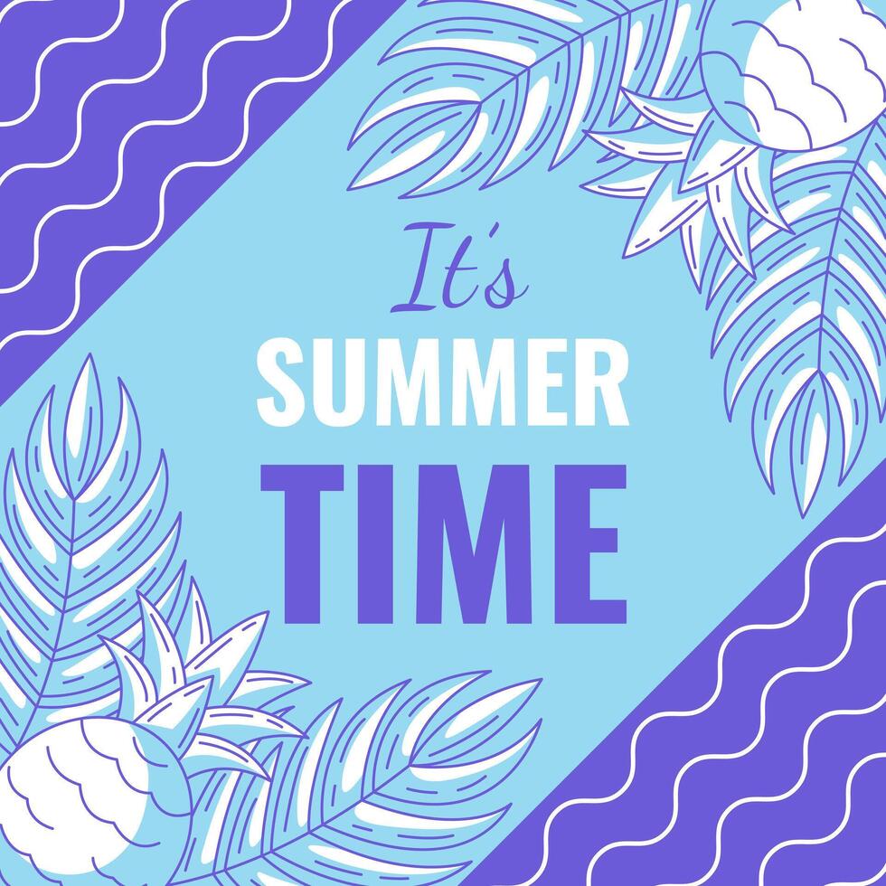 Summer beach square card, minimalist design with bright monochrome pineapple and tropical leaf, geometric shapes, wavy lines. For postcard, social media, poster, banner, post, invitation vector