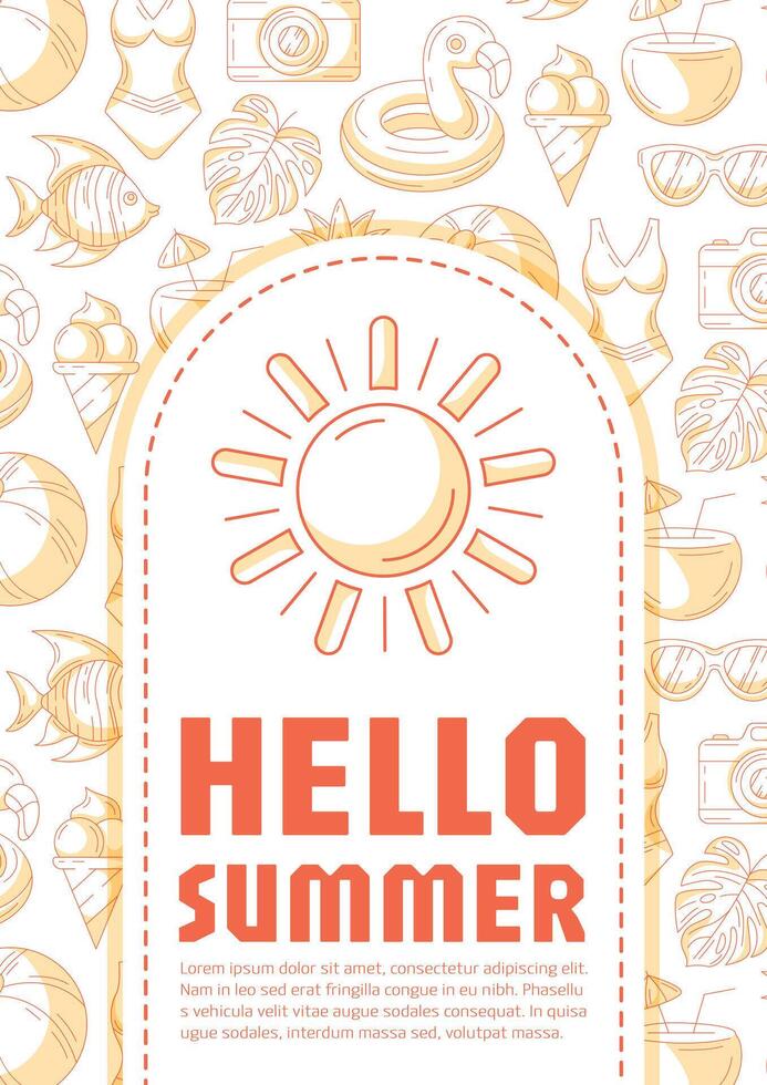 Summer beach vertical poster a4, orange modern minimalist design with seasonal line icons pattern, space for text. For banner, book cover, notebook, card, invitation, advertising or planner vector