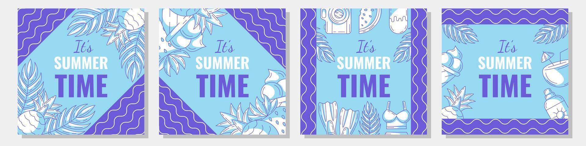 Set of summer beach square card, minimalist design with bright monochrome seasonal elements, geometric shapes, wavy lines. For postcard, social media, poster, banner, post, invitation vector