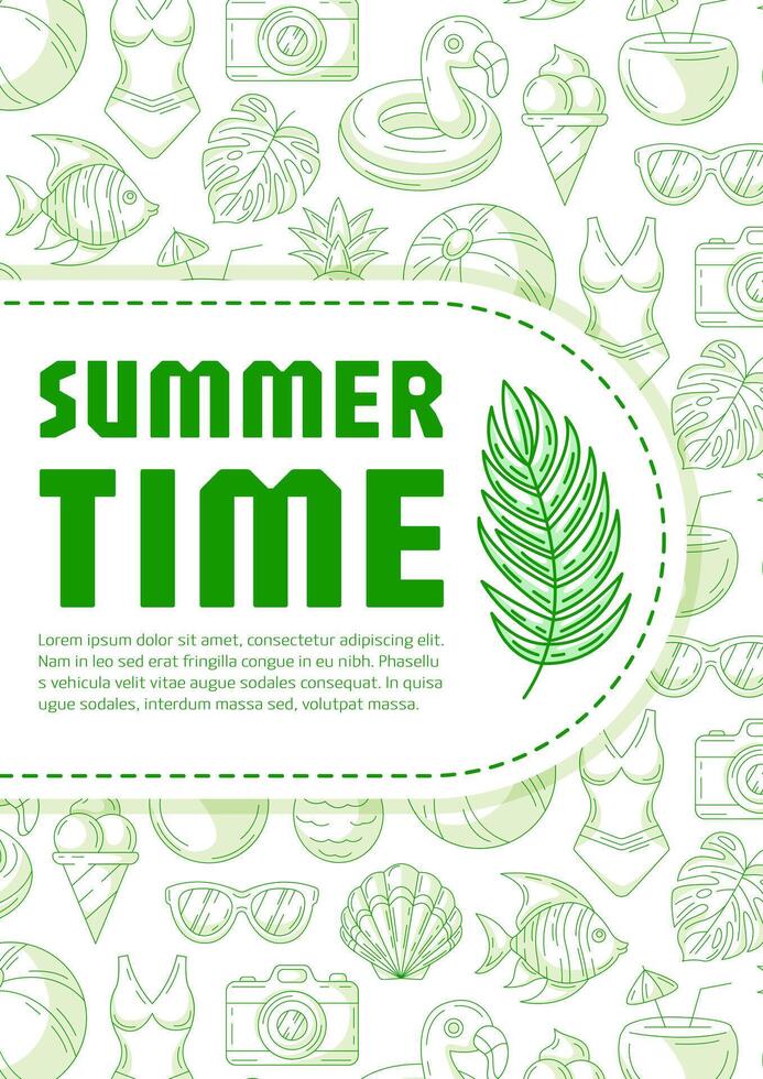 Summer beach vertical poster a4, green modern minimalist design with seasonal line icons pattern, space for text. For banner, book cover, notebook, card, invitation, advertising or planner vector