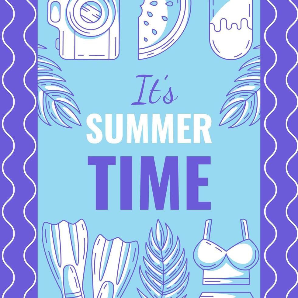 Summer beach square card, minimalist design, bright monochrome flippers, camera, bikini, watermelon, ice cream. Geometric shapes, wavy lines. For postcard, social media, poster, banner, post vector
