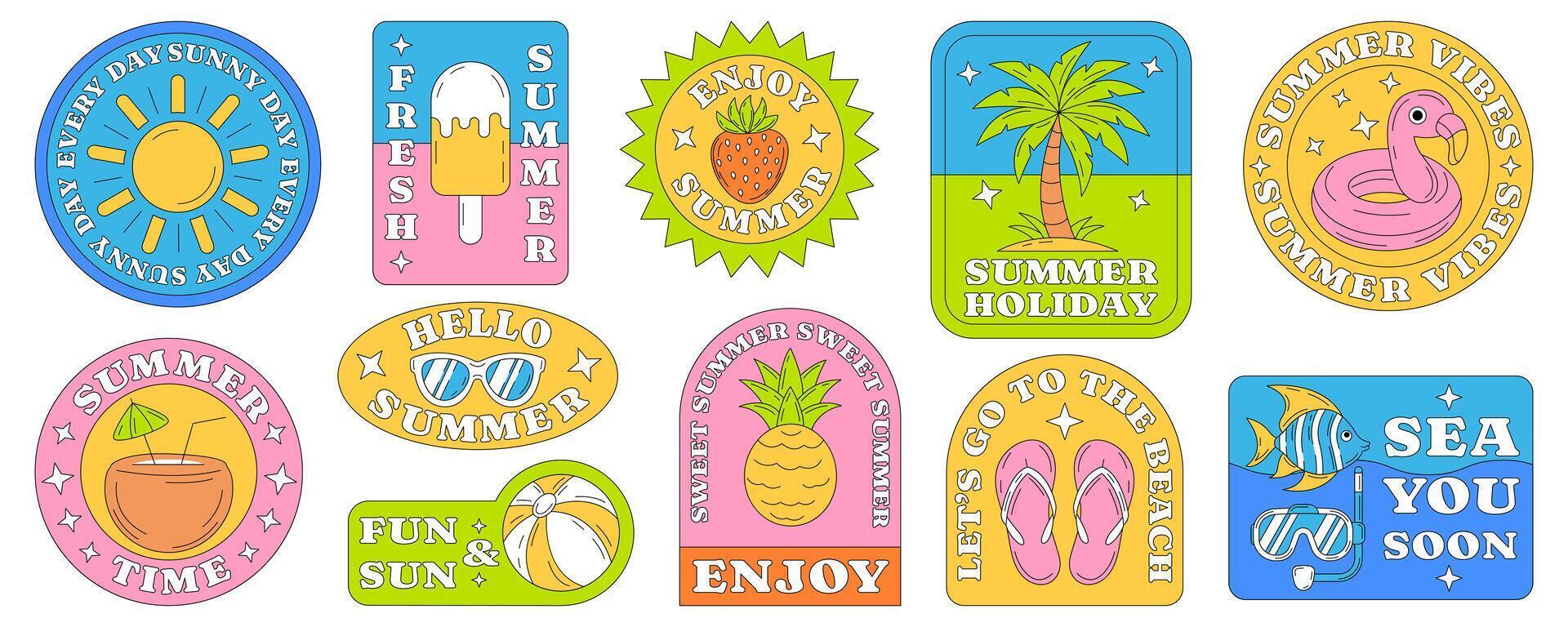 Summer beach retro funky flat stickers set. Simple icons with seasonal elements, fruit, slogan or quotes. Groovy summer illustration, sticker pack or collection of badges isolated on white vector