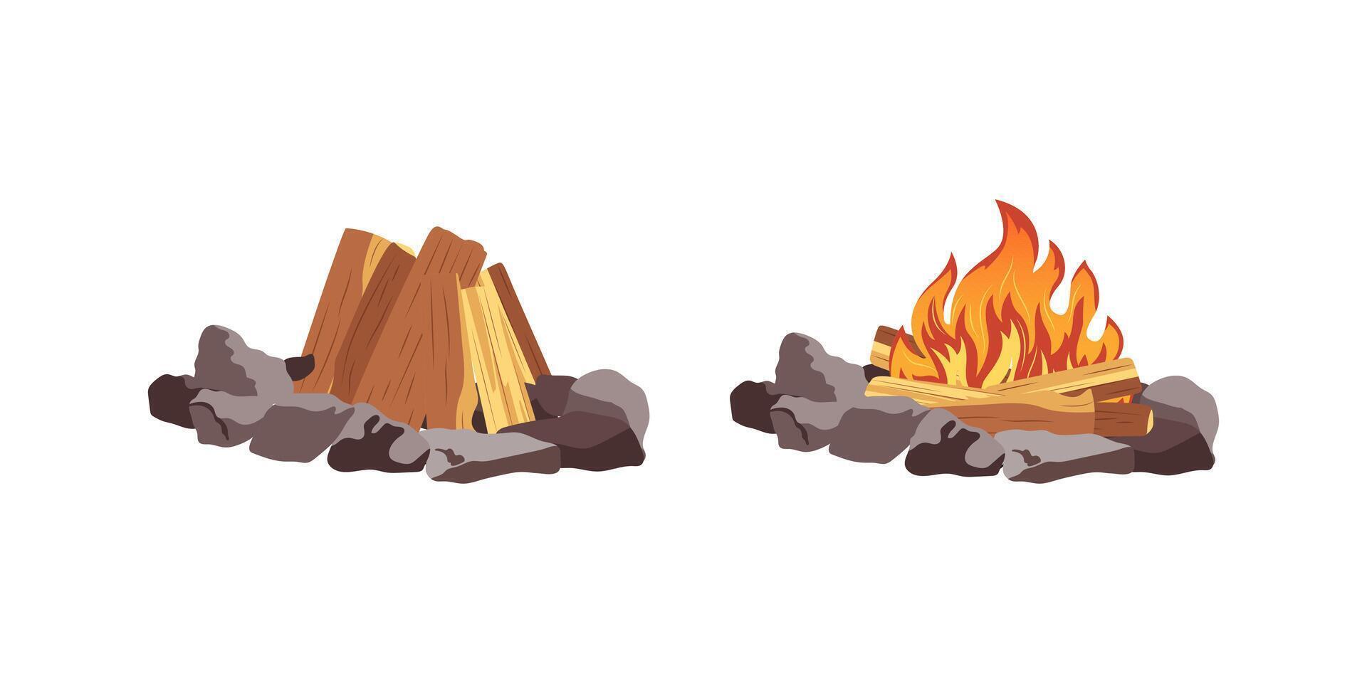 Fireplace campfire different types. Burning wood collection, travel and adventure symbol. Bonfire or woodfire in cartoon flat style set. A tourist bonfires in the different form of stack vector