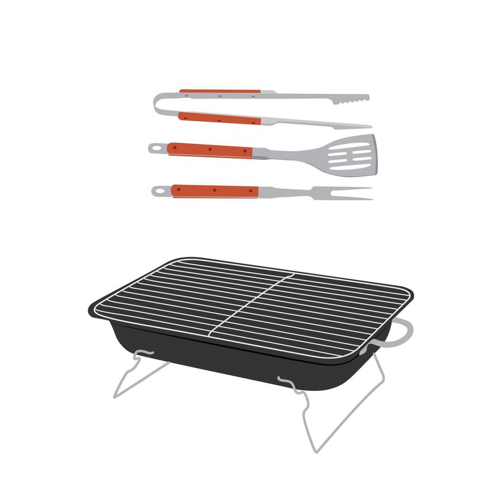 Barbecue grill, spatula, fork and tongs isolated on white background. Picnic set. vector