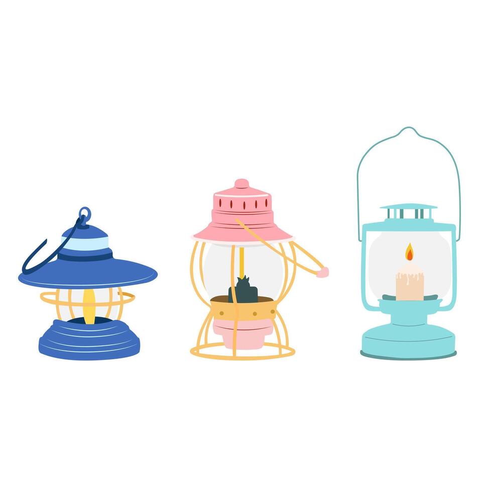 Cartoon camp lamp. Old kerosene and oil vintage lantern with burning wick and holder. Camping illumination. Travelers lighting equipment. Tourists retro petroleum lights set vector