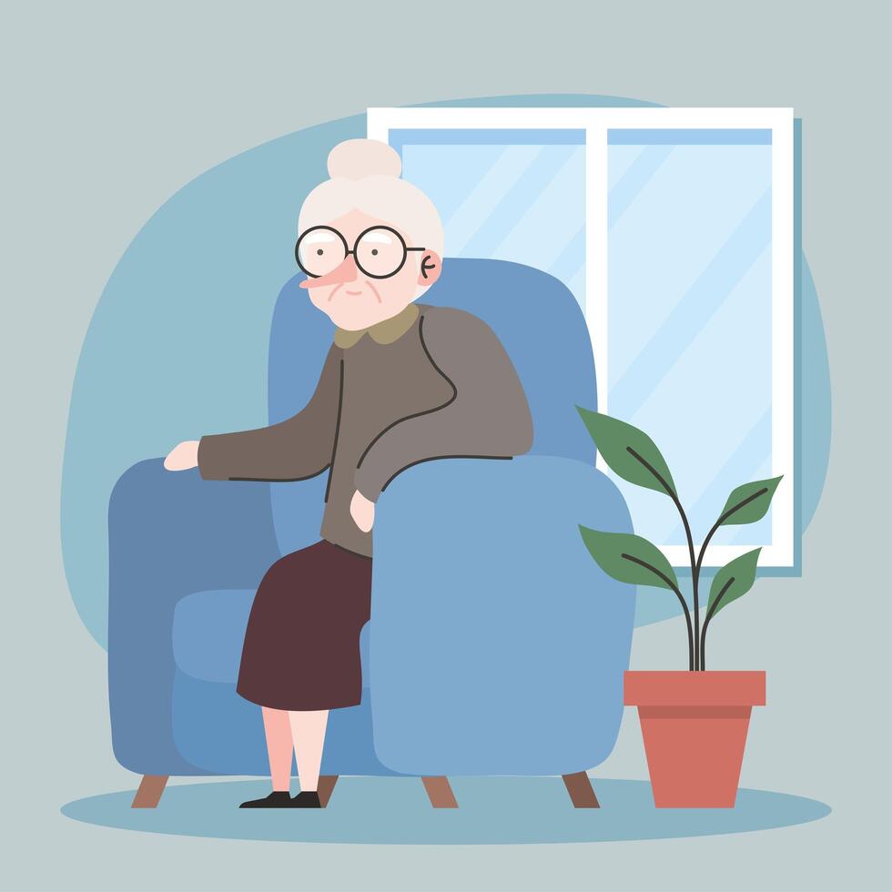 cute grandmother member seated in sofa livingroom scene vector