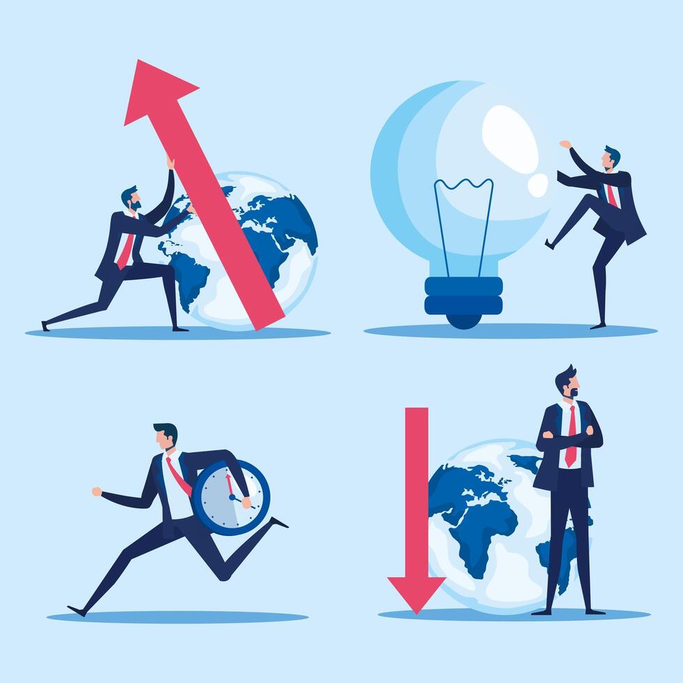 elegant businessmen workers with earth planet and icons vector