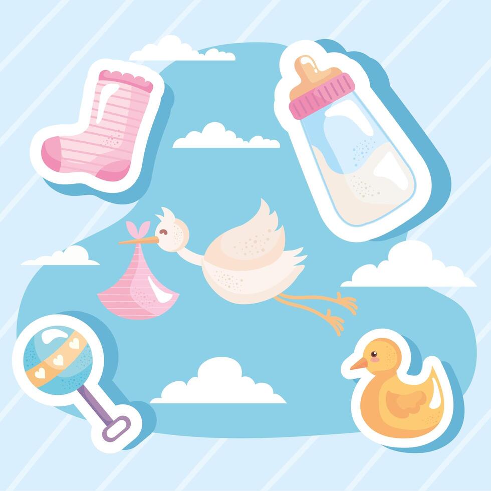 bundle of five baby shower set icons in the sky vector