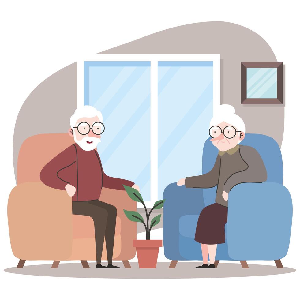 cute grandparents couple seated in sofa characters vector