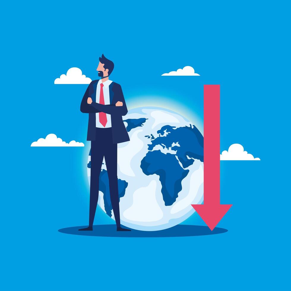 elegant businessman with earth planet and arrow down vector