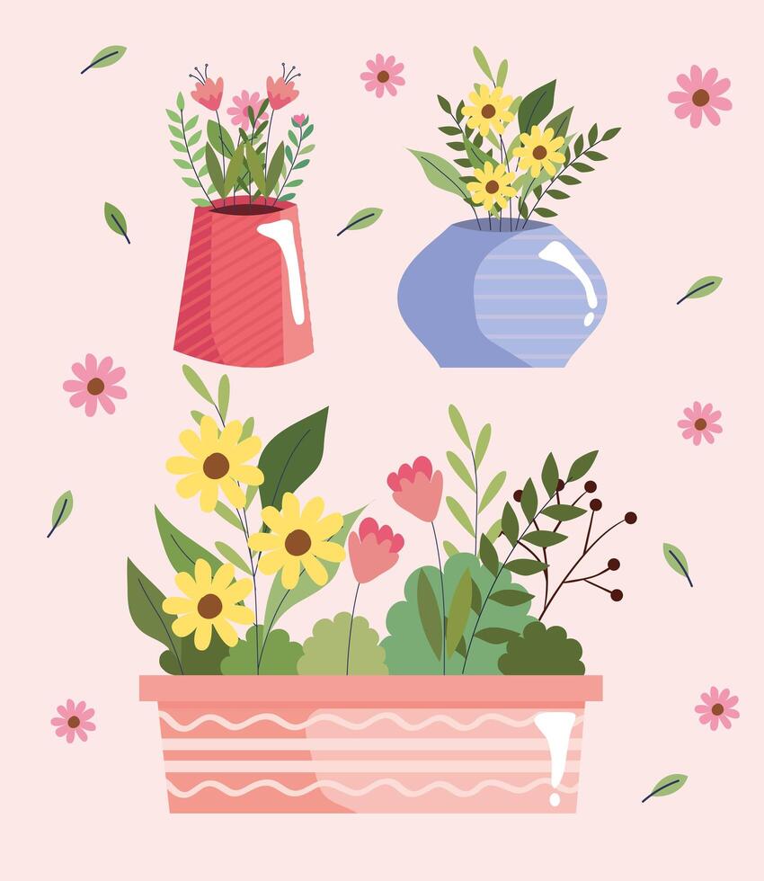 beautiful flowers garden in vases and pot vector