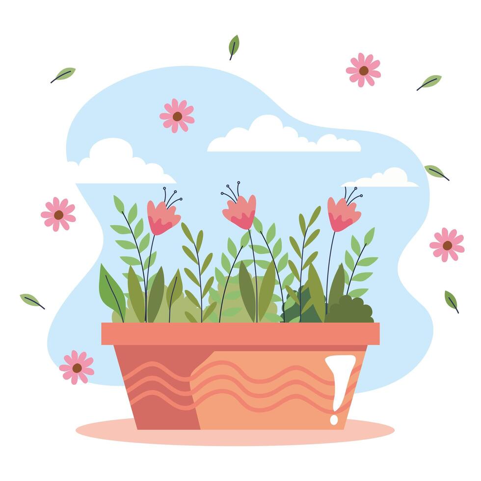 beautiful flowers garden in ceramic pot landscape scene vector