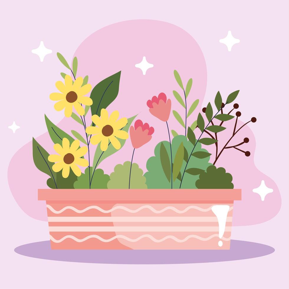 beautiful flowers garden in ceramic pot and stars vector