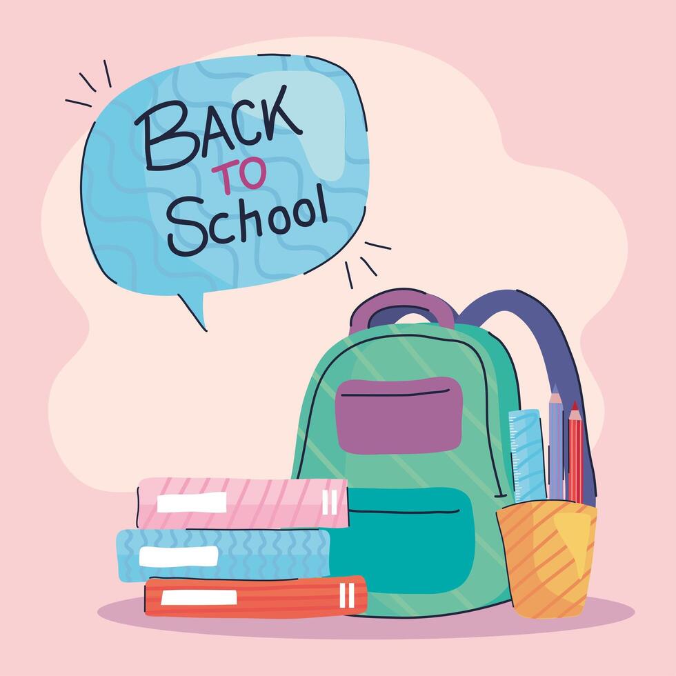 back to school lettering in speech bubble with schoolbag and books vector